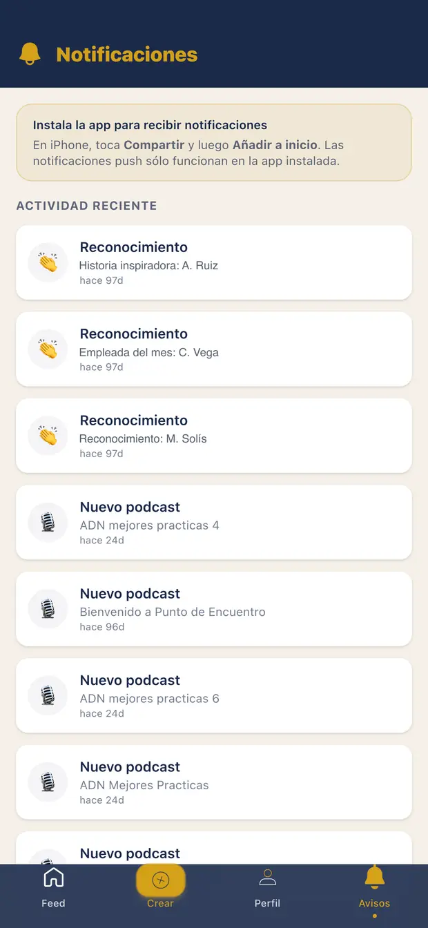 Captura de Punto de Encuentro: bandeja de notificaciones con la actividad reciente —reconocimientos y episodios de podcast, cada uno con su antigüedad— y el aviso para instalar la aplicación y recibir notificaciones push.