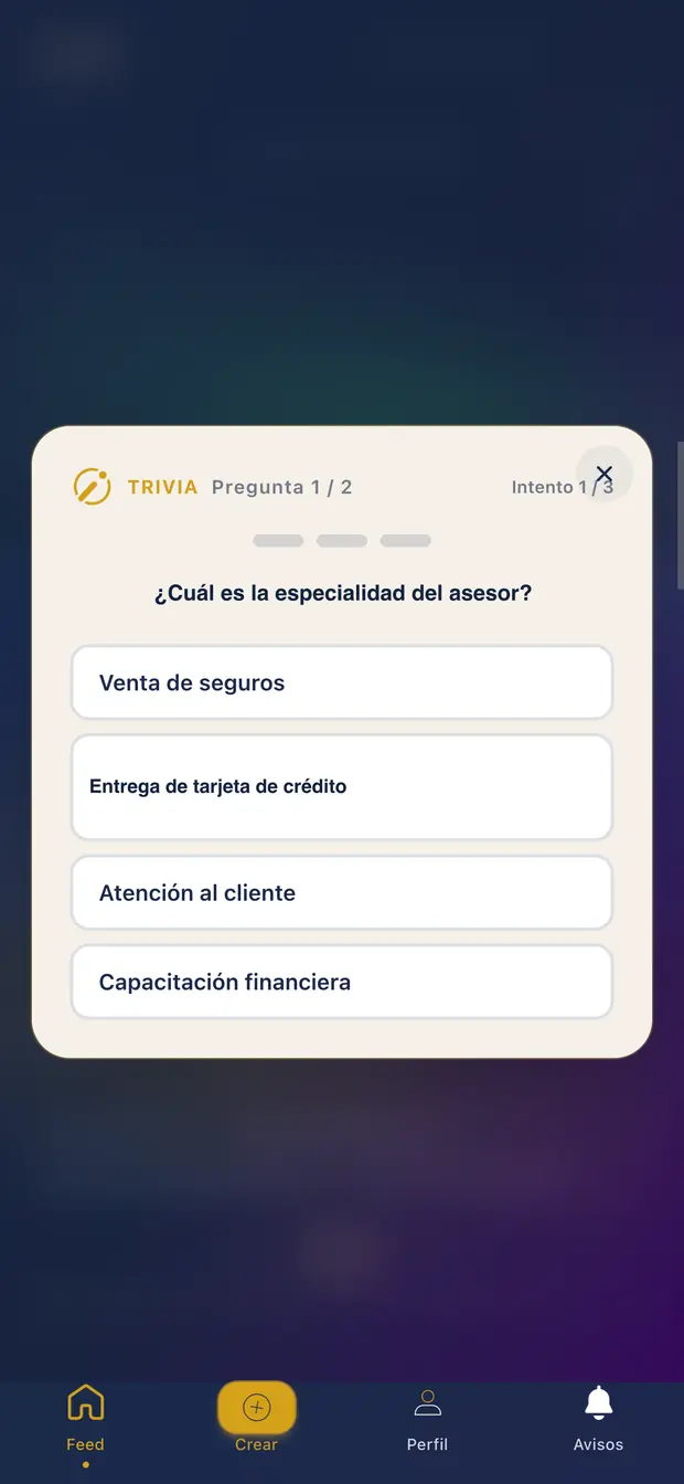 Captura de Punto de Encuentro: trivia derivada del contenido de la organización, con una pregunta de opción múltiple sobre el video, sus respuestas posibles y el contador de intentos.
